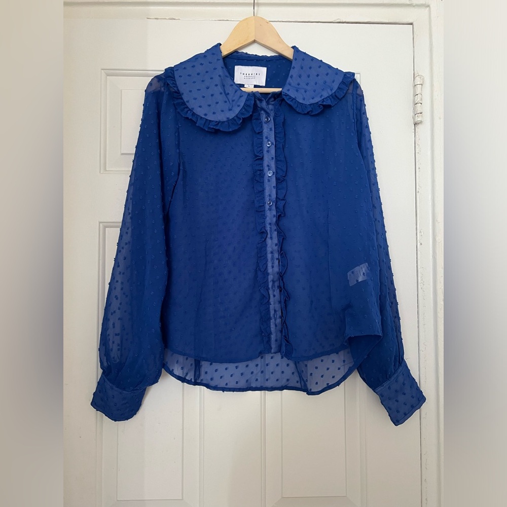 The Shirt Rochelle Behrens Size L Blue Sheer Ruffle Blouse